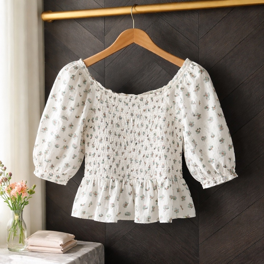 LOFT Floral Smocked Peplum Top White Green Womens XS Cottagecore Coquette